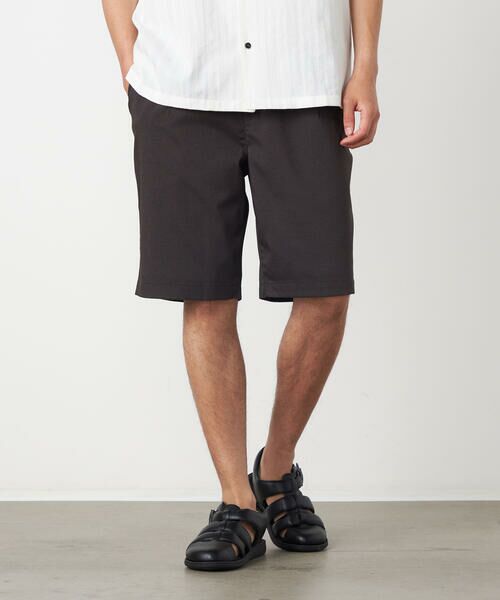 COMME CA ISM / コムサイズム ショート・ハーフ・半端丈パンツ | ポリエステルグレンチェックストレッチ ワンタックショートパンツ（ダークブラウン）