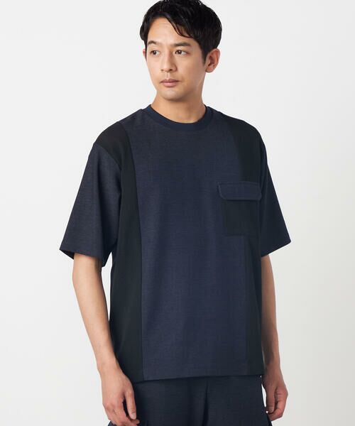 COMME CA ISM / コムサイズム カットソー | デニムライクストレッチ 半袖プルオーバー（ネイビー）