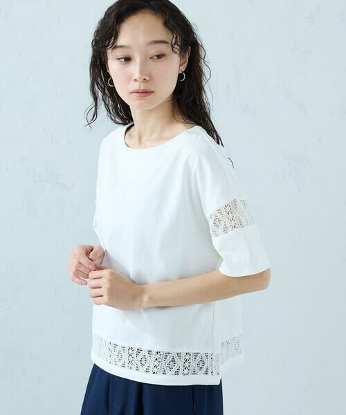 COMME CA ISM / コムサイズム カットソー | レース コンビTシャツ（ホワイト）
