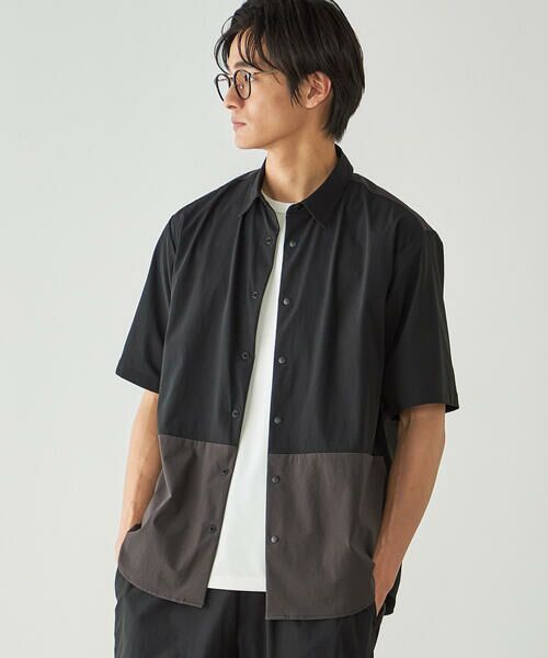 COMME CA ISM / コムサイズム シャツ・ブラウス | リップストップ ナイロンストレッチ 半袖ブロッキングシャツ / セットアップ対応（ブラック）