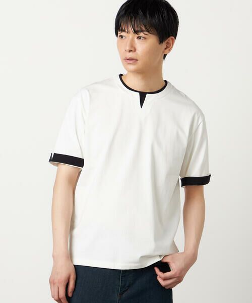 COMME CA ISM / コムサイズム Tシャツ | 【接触冷感】USAコットン フェイクレイヤード キーネックTシャツ(ホワイト)
