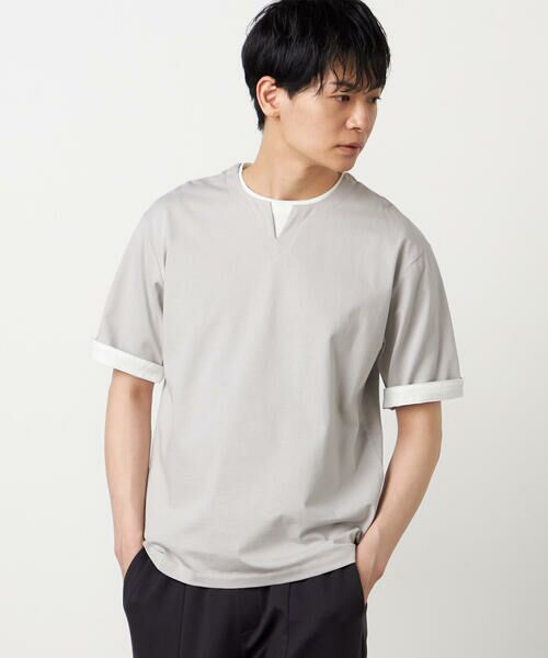 COMME CA ISM / コムサイズム Tシャツ | 【接触冷感】USAコットン フェイクレイヤード キーネックTシャツ(ライトグレー)