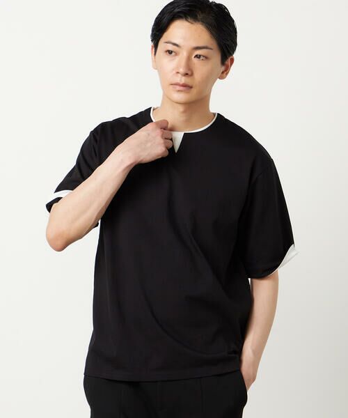 COMME CA ISM / コムサイズム Tシャツ | 【接触冷感】USAコットン フェイクレイヤード キーネックTシャツ(ブラック)