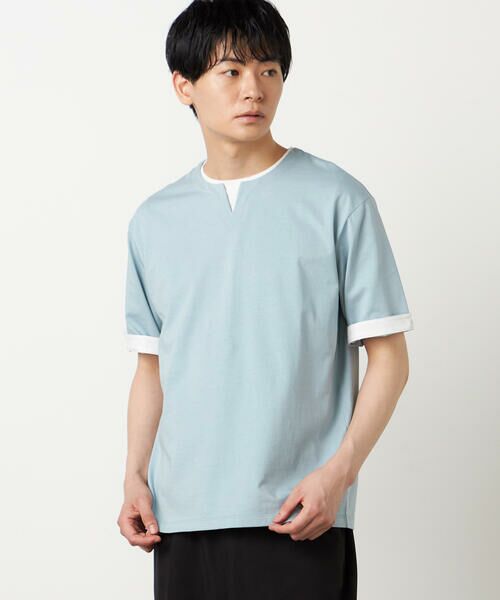 COMME CA ISM / コムサイズム Tシャツ | 【接触冷感】USAコットン フェイクレイヤード キーネックTシャツ(サックス)