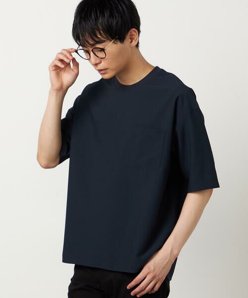 COMME CA ISM / コムサイズム Tシャツ | ポリエステル シアサッカー 布帛Tシャツ(ネイビー)