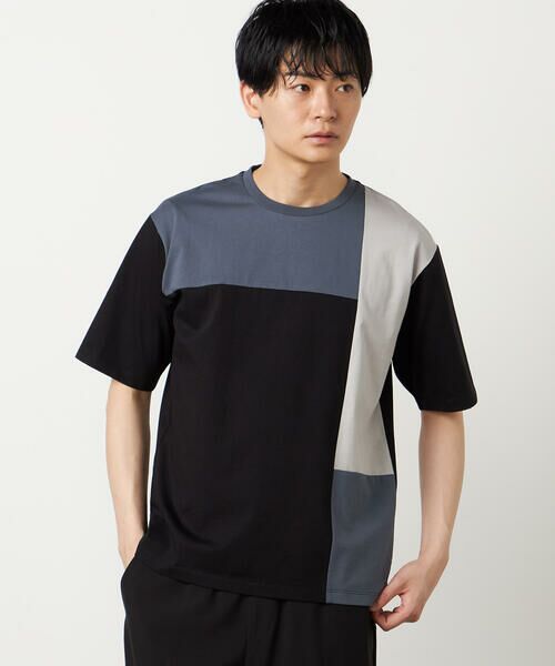 COMME CA ISM / コムサイズム Tシャツ | 【接触冷感】USAコットン ブロッキングTシャツ(ブラック)