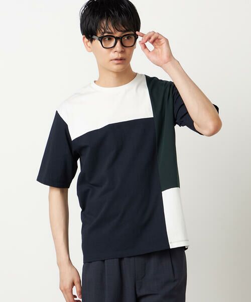 COMME CA ISM / コムサイズム Tシャツ | 【接触冷感】USAコットン ブロッキングTシャツ(ネイビー)