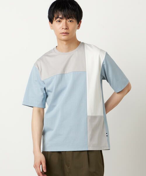 COMME CA ISM / コムサイズム Tシャツ | 【接触冷感】USAコットン ブロッキングTシャツ(サックス)