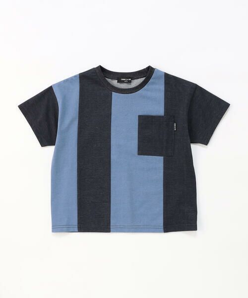 COMME CA ISM / コムサイズム Tシャツ | デニムライクジャージー 切替半袖Tシャツ（ネイビー×サックス）