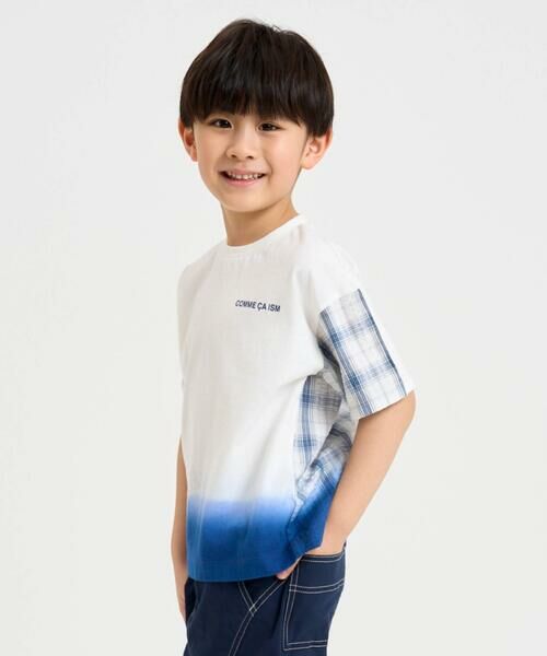 COMME CA ISM / コムサイズム Tシャツ | サッカーチェック 切替グラデーション染め 半袖Tシャツ（ネイビー）