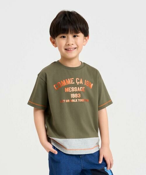 COMME CA ISM / コムサイズム Tシャツ | 箔プリント 半袖Tシャツ（カーキ）
