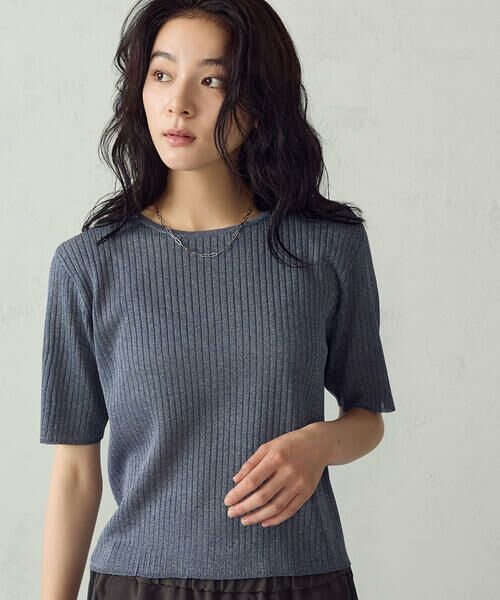 COMME CA ISM / コムサイズム ニット・セーター | シアーリブ 5分袖ニット(ブルー)