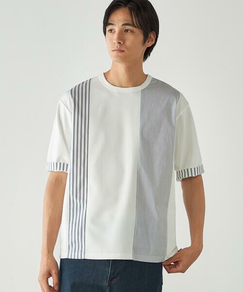 COMME CA ISM / コムサイズム Tシャツ | ストライプ ブロッキングTシャツ(ホワイト)