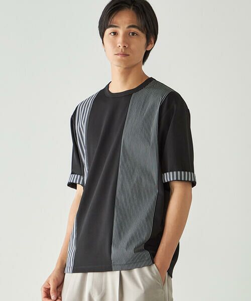 COMME CA ISM / コムサイズム Tシャツ | ストライプ ブロッキングTシャツ(ブラック)