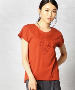 フラワー柄 箔プリント Ｖネック Ｔシャツ