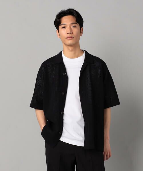 セール】 鹿の子透かし編みオープンカラー ニットシャツ