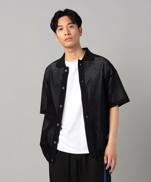 COMME CA MEN / コムサ・メン カーディガン・ボレロ | 半袖メッシュ シャツカーディガン(ブラック)