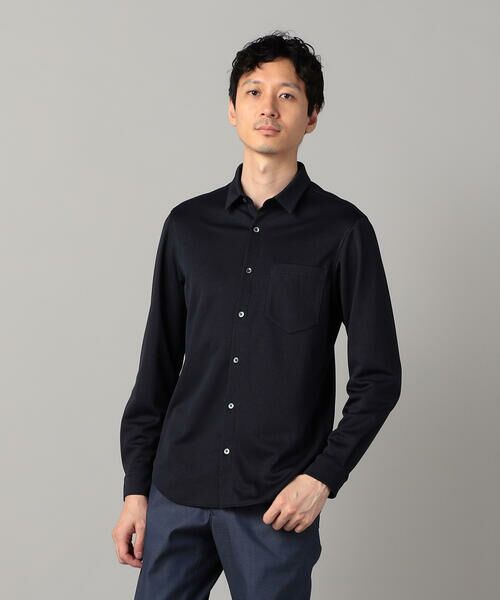 COMME CA MEN/コムサ・メン 和歌山編み 千鳥柄ジャージー キーボードシャツ ネイビー L COMME CA MEN/コムサ・メン 和歌山編み 千鳥柄ジャージー キーボードシャツ ネイビー L