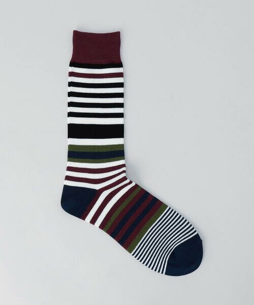 COMME CA MEN / コムサ・メン ソックス | マルチカラーボーダー クルーソックス（ワインレッド）