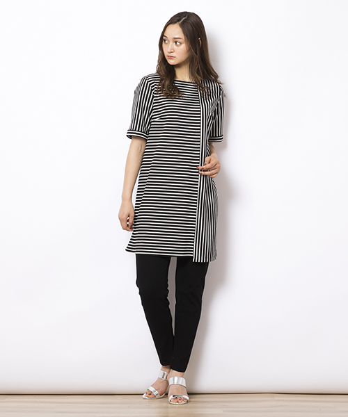 ◆大きいサイズ/Ｌ・ＬＬ/ピサーノ◆
スッキリ見えに効く！マリンボーダー切替チュニック。
360度どこから見ても美しい、こだわりの一枚に。
衿ぐりのアシンメトリーな切替で、顔周りのスッキリ感も完備。
[モデル身長：173センチ] 