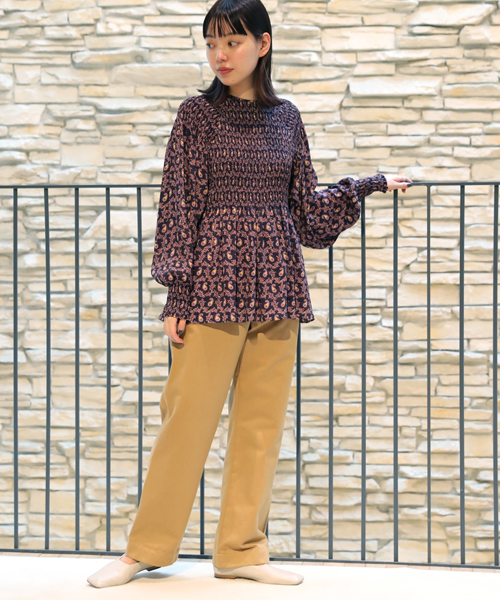 ペイズリーモチーフがオリエンタルな雰囲気のプリントブラウス。
ボリュームスリーブとフィットした身頃のコントラストが魅力です。
カジュアルなチノパンツと合わせ、デイリーに活躍するスタイリングに仕上げました。