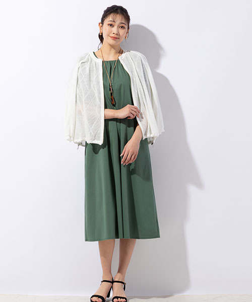 【大きいサイズ/L～3Lサイズ】ひんやり心地よい涼感綿のワンピースなら暑い夏も安心！レース素材の羽織りを合わせて爽やかにコーディネートしました。