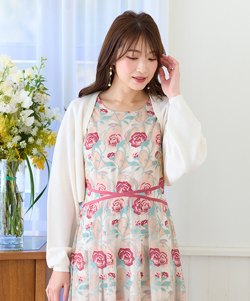 フラワーモチーフスリーブワンピース （ミニ丈・ひざ丈ワンピース  