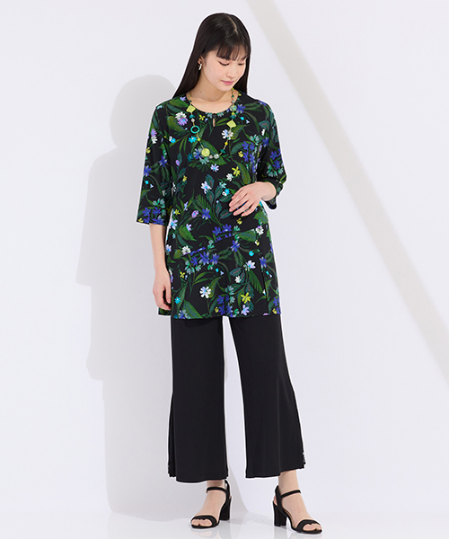 ウォッシャブル　リングチュールリーフプリントTシャツ セール】 ウォッシャブル リングチュールリーフプリントTシャツ