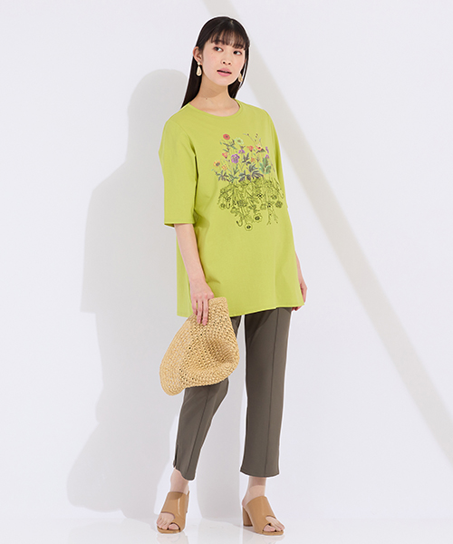 ウォッシャブル　リングチュールリーフプリントTシャツ セール】 ウォッシャブル リングチュールリーフプリントTシャツ