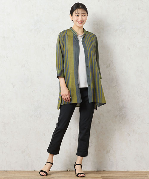 【大きいサイズ】毎年人気のコットンシャツは大胆なストライプ柄がで着映え度抜群！パンツスタイルの鮮度が上がります。