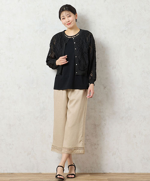 【大きいサイズ】肌が綺麗に見えるシアーカーディガンでいつものパンツスタイルがぐっとエレガントな印象に！