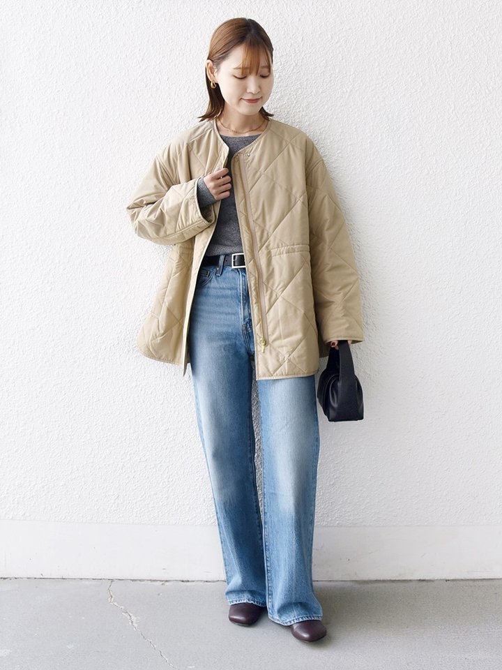 身長:164cm / 普段サイズ：38・MEDIUM / 体型：細身（骨格ウェーブ）
肩幅:なで肩・狭め / パーソナルカラー：イエベ春
Instagram：@nagashi_ships

【着用レビュー 】
着用アイテム：ブルゾン / 着用サイズ：36

■着丈：ヒップ下くらいまでの丈です。
■肩幅：全体的にゆったりとしています。
■袖丈：手の甲が隠れる丈です。
■素材感：軽くてやわらかいキルティング素材です。
■着心地：ゆったりとリラックス感のある着心地です。
ウエストを絞ったり、サイドジップを開けたりとシルエットを変えられる1枚です。

着用アイテム：デニム / 着用サイズ：S

■ウエスト：程よくゆとりがありました。（ベルトいらずなサイズ感）
■ヒップ：ヒップラインは気になりませんでした。
■レングス：かかとくらいまでの丈です。
■着心地：伸縮性があり穿きやすいです。シルエットがきれいなので、穿くだけで美脚に◎