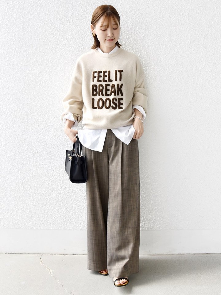 身長:164cm / 普段サイズ：38・MEDIUM / 体型：細身（骨格ウェーブ）
肩幅:なで肩・狭め / パーソナルカラー：イエベ春
Instagram：@nagashi_ships

【着用レビュー 】
着用アイテム：ニット / 着用サイズ：ONE SIZE

■着丈：腰下くらいまでの丈です。
■袖丈：手の甲が隠れる丈です。
■素材感：厚手すぎず、スウェット感覚で着られるニットです。
■着心地：チクチク感なく着心地が良いです。ゆったりしているので、レイヤードスタイルも楽しめるニットです。

着用アイテム：パンツ / 着用サイズ：36

■ウエスト：ほどよくゆとりがありました。（ベルトいらずなサイズ感）
■ヒップ：ヒップラインは気になりませんでした。
■レングス：かかとくらいまでの丈です。
■素材感：落ち感のある、やわらかい素材感です。
■着心地：生地感がやわらかく、ゆったりと穿けるので着心地が良いです。