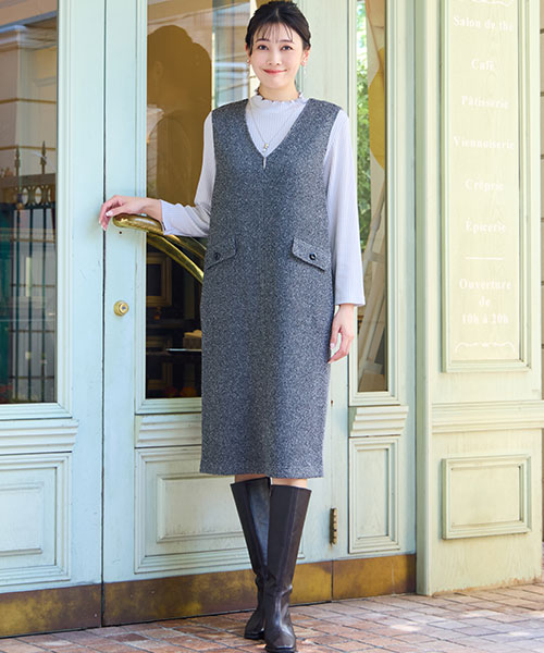 【大きいサイズ】年末年始に活躍するキレイ見えするジャンパースカート。合わせるインナー次第でロングシーズン活躍してくれます。