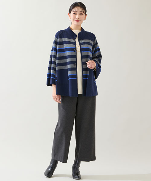 【大きいサイズ】無地とボーダーの両面楽しめるニットアウターは大人カジュアルな着こなしにピッタリ！