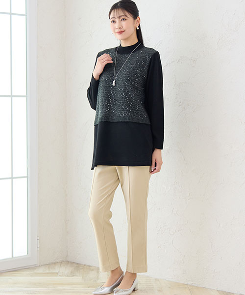 【大きいサイズ】キラキラとスパンコールが輝くセーターは一枚で着映え度抜群！パンツスタイルがぐっと華やぎます。