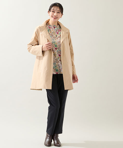 【大きいサイズ】キルティング裏地のついたコートは春まで活躍間違いなし！花柄のインナーを合わせて華やかに着こなして。