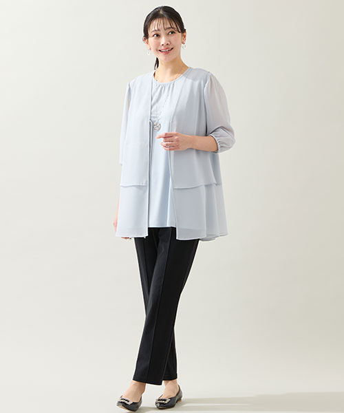 【大きいサイズ】シアー感が美しいジレとチュニックのアンサンブルコーデ