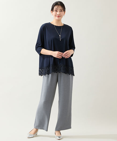 【大きいサイズ】お腹周りをカバーするレース付きプルオーバーはパンツとラフに合わせてもサマになります