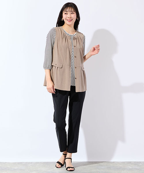 【大きいサイズ】ボーダーTシャツとベストで涼やかに楽しめるレイヤードスタイル