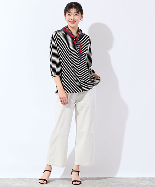 【大きいサイズ】接触冷感性のあるボーダートップスにスカーフをアクセントにしたマリンスタイル