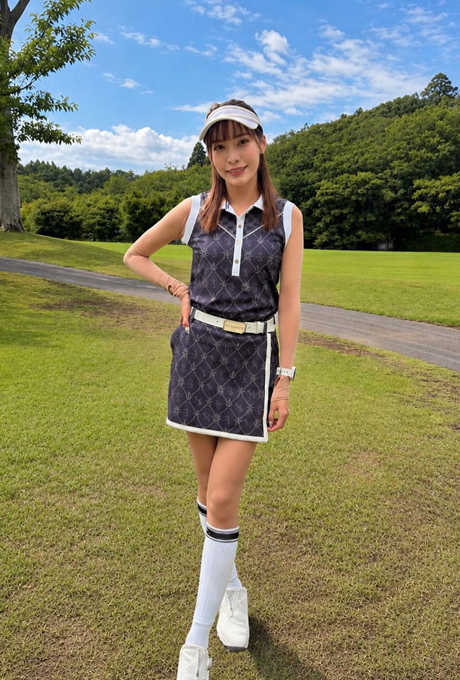モノグラム柄、ダークブルー色ワンピースでスタイリッシュに涼しげに！