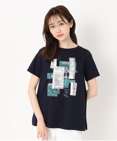 幾何学デザインボートネックTシャツ