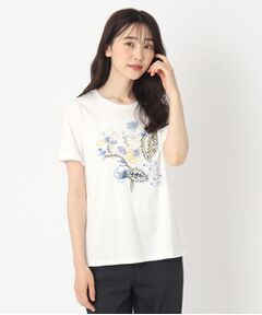 【M~4Lサイズ】フラワープリント＆刺繍Tシャツ