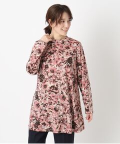 CORDIER / コルディア カットソー | 【手洗い可／M～4Lサイズ】フラワープリントチュニック丈プルオーバージャージ