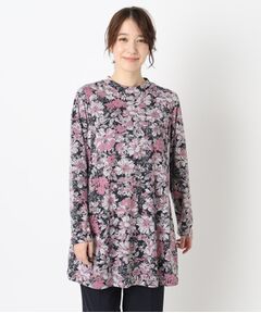 CORDIER / コルディア カットソー | 【手洗い可／M～4Lサイズ】フラワープリントチュニック丈プルオーバージャージ