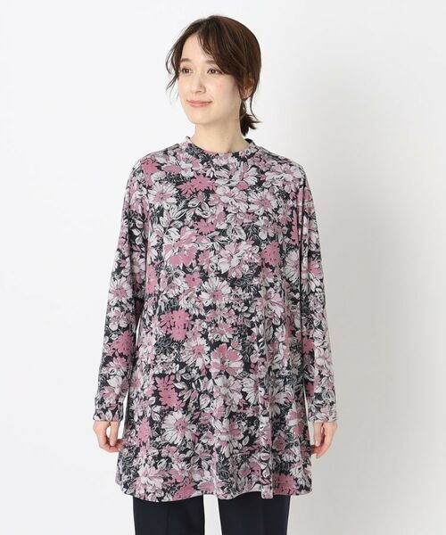 CORDIER / コルディア カットソー | 【手洗い可/M~4Lサイズ】フラワープリントチュニック丈プルオーバージャージ | 詳細1