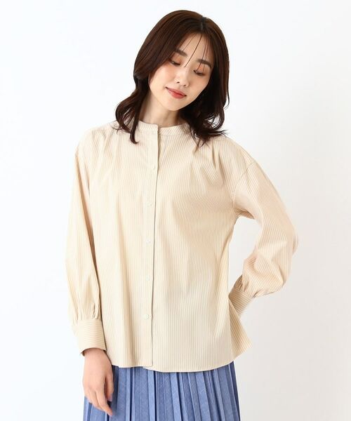 CORDIER/コルディア 【M~4Lサイズ/ストレッチ】ラブリエストライプシャツ グレージュ(350) 40(M) CORDIER/コルディア 【M~4Lサイズ/ストレッチ】ラブリエストライプシャツ グレージュ(350) 40(M)