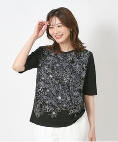 CORDIER / コルディア カットソー | 【M～4Lサイズ】アルビニジャージ フラワーデザインプルオーバー