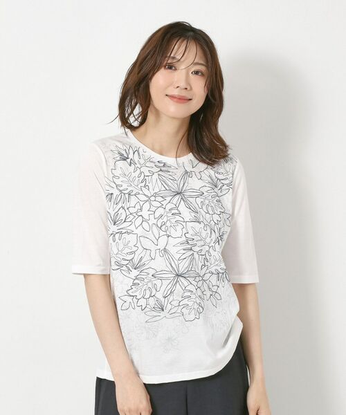 CORDIER / コルディア カットソー | 【M~4Lサイズ】アルビニジャージ フラワーデザインプルオーバー(ホワイト(001))